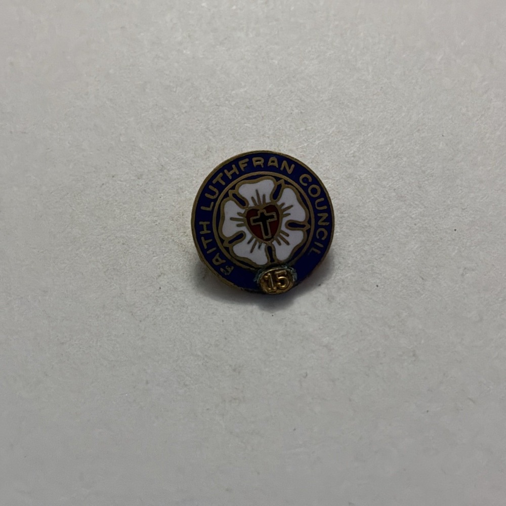 Vintage Faith Lutheran Council 15 Year Award Lapel Pin Brooch Blue Gold Tone